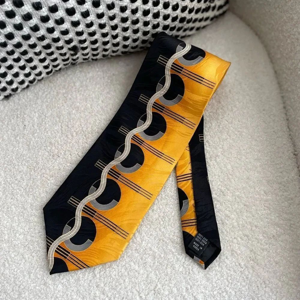 Vintage Mod Retro Silk Handmade in Korea Tie Black Gold Yellow